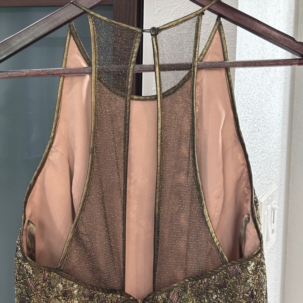 BCBGMaxAzria "Tenya" Sheer Back Mini Dress - Gold & Black Size 6 - Picture 9 of 13